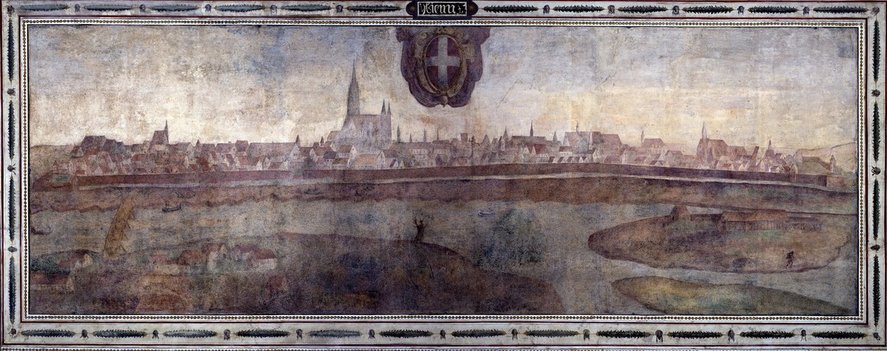 Vista da cidade de Viena, Áustria. Vista das cidades do Império dos Habsburgos. Fresco do Tribunal Michelozzo no Palazzo Vecchio em Florença. Pintura de Sebastiano Veronese Giovanni Lombardi, Cesare Baglioni e Turino da Piamonte, cerca de 1565. Tamanho: de Cesare Baglioni