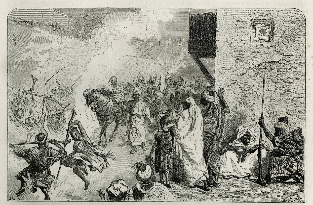 Um rapazinho que se veste de triunfo no regresso da circuncisão, no meio da multidão que dispara tiros no ar, enquanto grita e se diverte novamente, gravado por C.Biseo para ilustrar a história Le Maroc de Edmondo de Amicis, em de Cesare Biseo