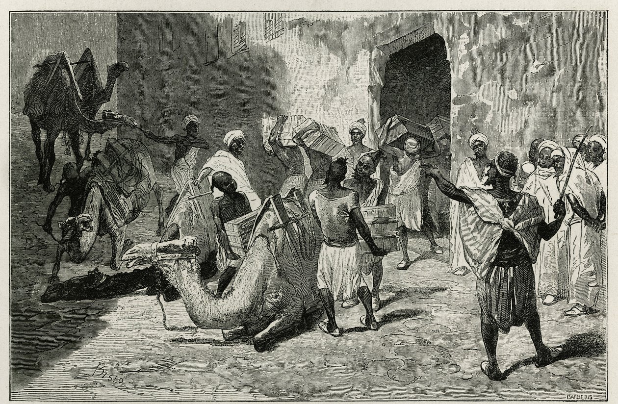 O carregamento de camelos da caravana do autor da história, Atanger, gravada por Biseo, para ilustrar a história Le Maroc de Edmondo de Amicis, em 1875, publicada no tour du monde, sob a direcção de Edouard Charton de Cesare Biseo