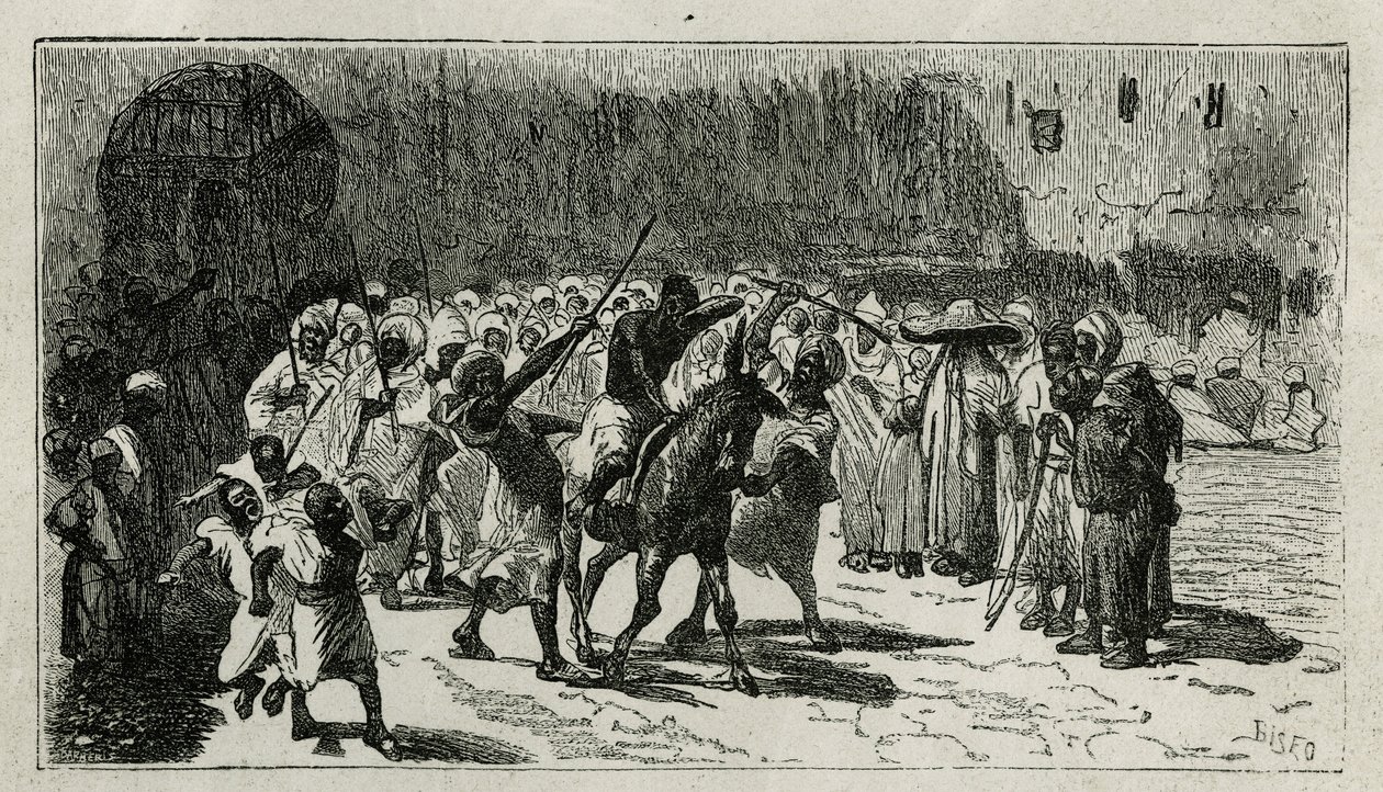 o chatiment de um ladrão, sobe numa mula, recebe bastões sob o matiz da multidão, gravado por C. Biseo, para ilustrar a história Le Maroc de Edmondo de Amicis, em 1875, publicado no tour du monde, sob a direcção de Edouard Charton de Cesare Biseo