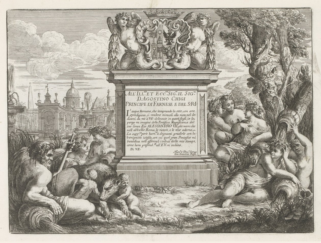 Dedicação e arma de Agostino Chigi e vista de Roma Fontane di Roma (título da série) Fontes de Roma (título da série) de Cesare Fantetti