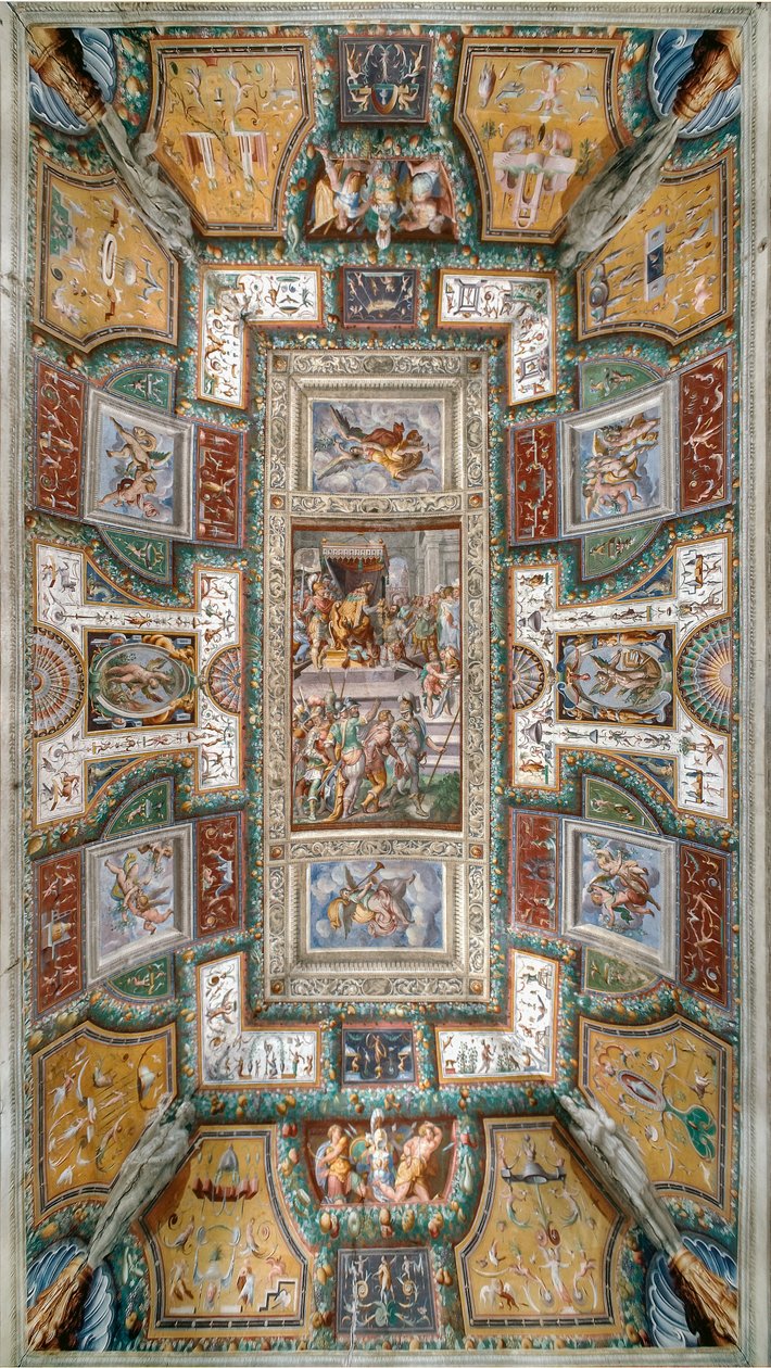 Pier Maria Rossi tendo a honra da Ordem de São Miguel, Vista do teto da Sala delle Gesta Rossiane, Rocca dei Rossi, San Secondo, Parma, Itália, c. 1570 (fresco) de Cesare and Jacopo Bertoia and others Baglione