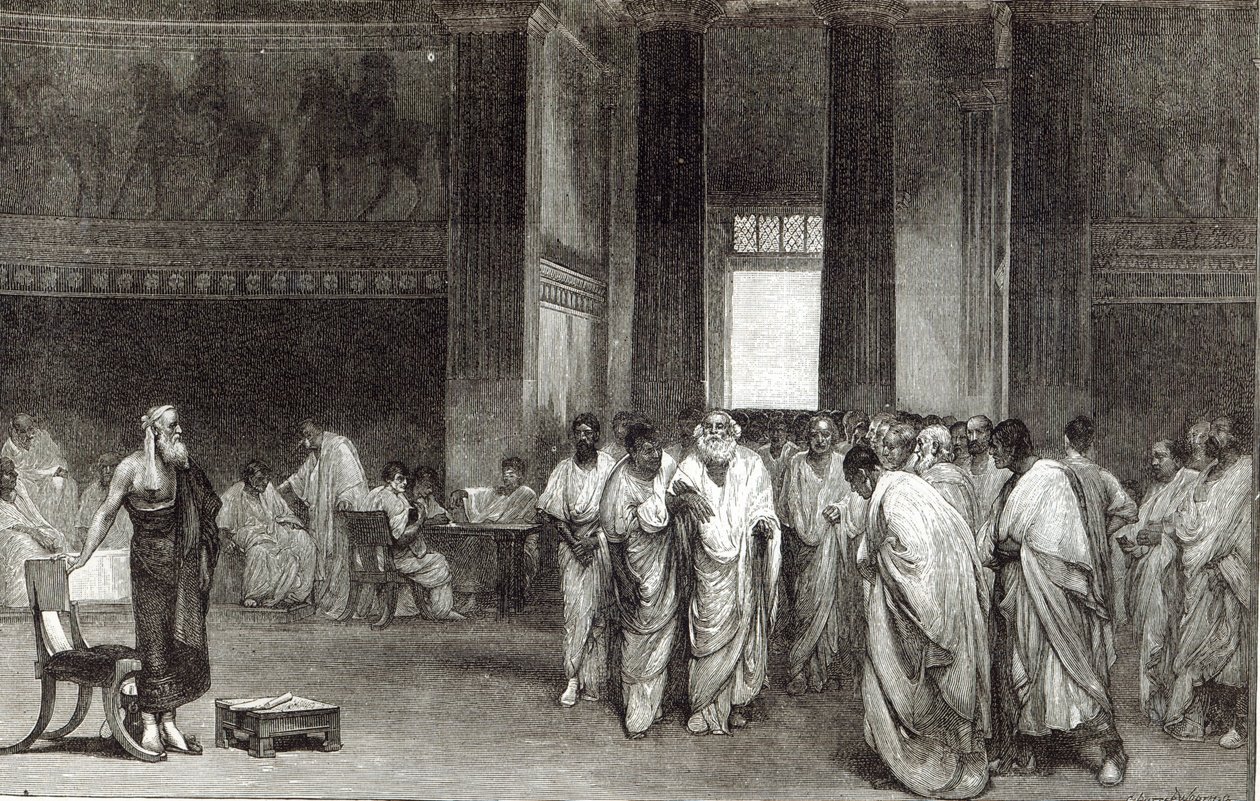Ápio Cláudio persuadindo o Senado a rejeitar a oferta de paz de Pirro, de &39;Leisure Hour&39;, 1891 de Cesare Maccari