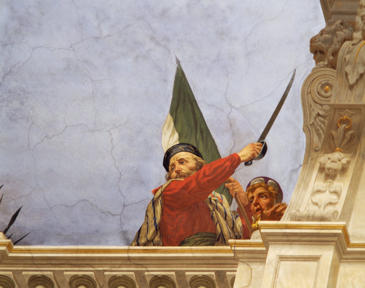 Detalhe da Alegoria da Itália, afresco de Cesare Mariani (1826-1901), teto, Salão da Maioria, Palazzo delle Finanze (Palácio das Finanças), Roma. Itália de Cesare Mariani
