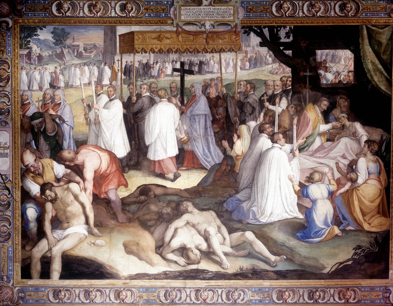 Peste de Milão: São Carlos Borromeo (San Carlo Borromeo) (1538 - 1584) comunga com os moribundos. Fresco por Carlo Nebbia no Colégio Borromeo em Pavia. Século XVI de Cesare Nebbia