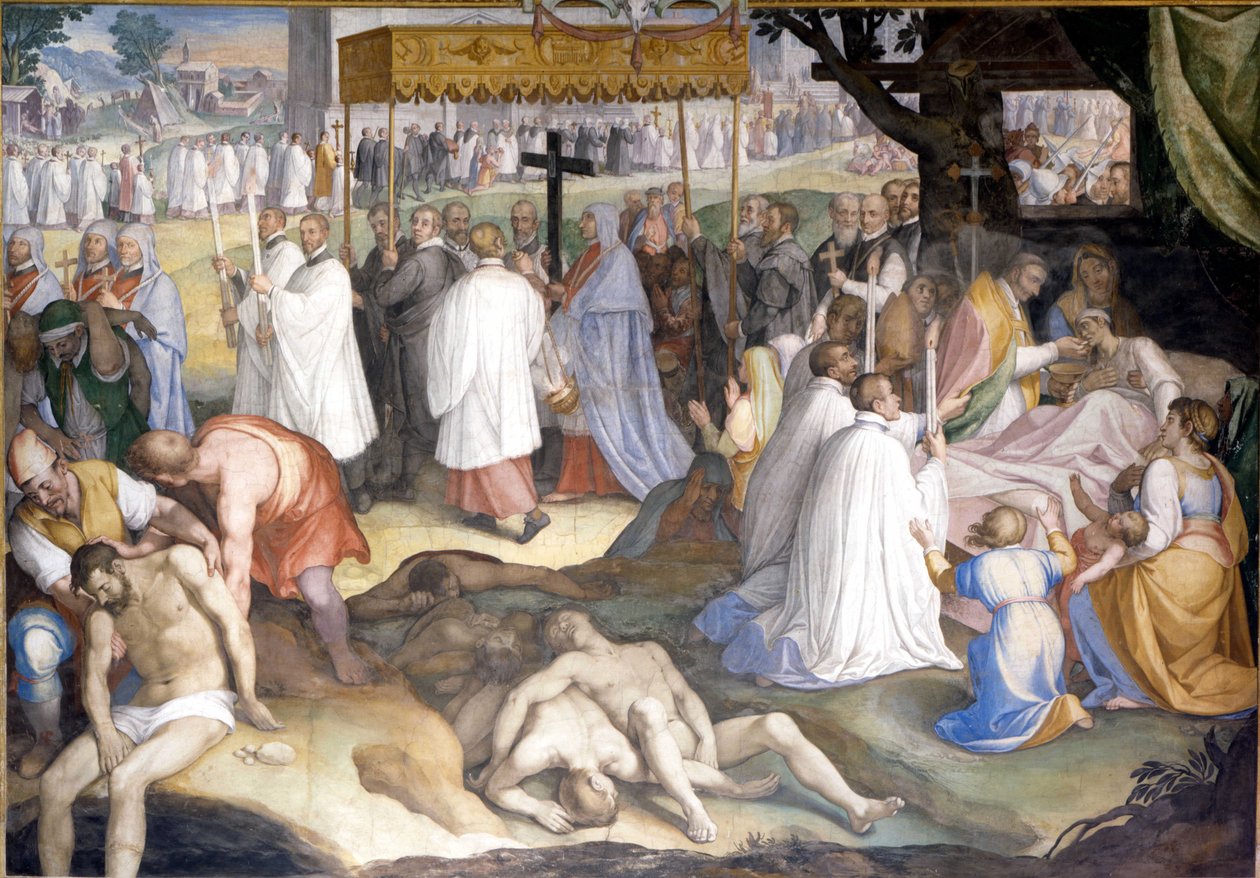 São Carlos Borromeo San Carlo Borromeo comungou aos moribundos da peste durante a praga de 1575 a 1577 no lazaret de Milão. Fresco por Charles Nebbia no Borromeo College de Pavia (Milão). de Cesare Nebbia