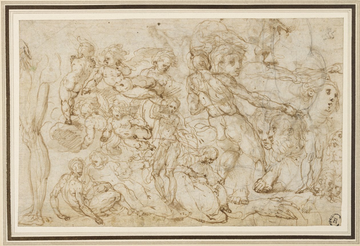 Folha de estudos de figura, c. 1600 (tinta e lavagem, lápis, giz sobre papel) de Cesare Pollini