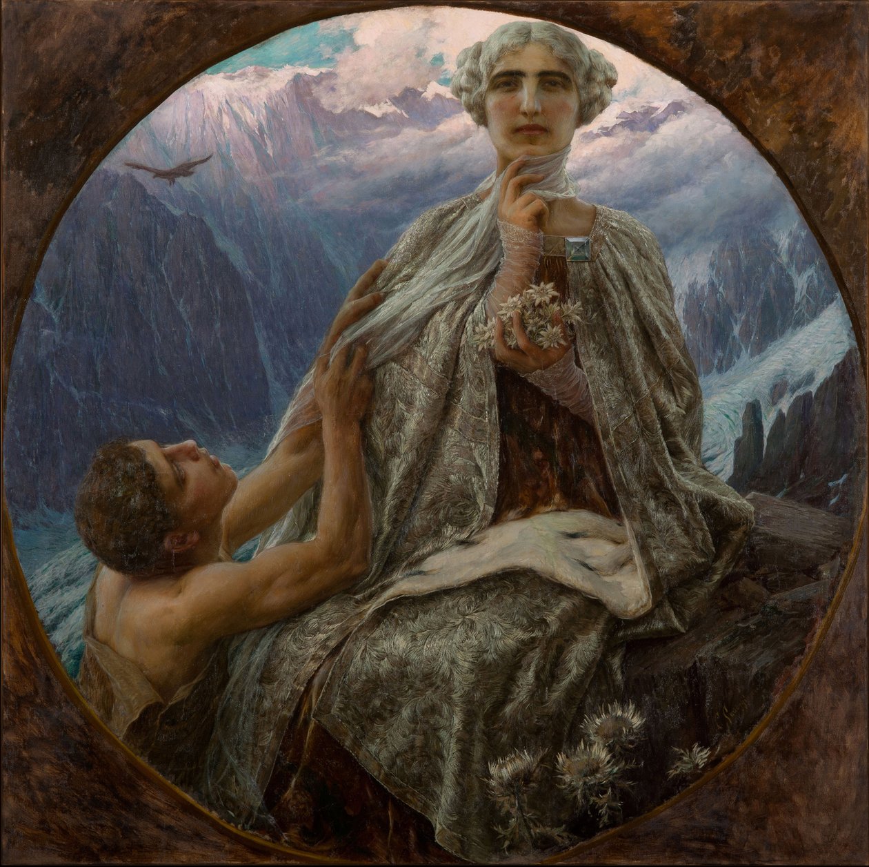 O pico da montanha. A Rainha do Gelo - O pico da montanha. A Rainha do Gelo por Saccaggi, Cesare (1868-1934). Óleo sobre tela, tamanho : D 140 de Cesare Saccaggi