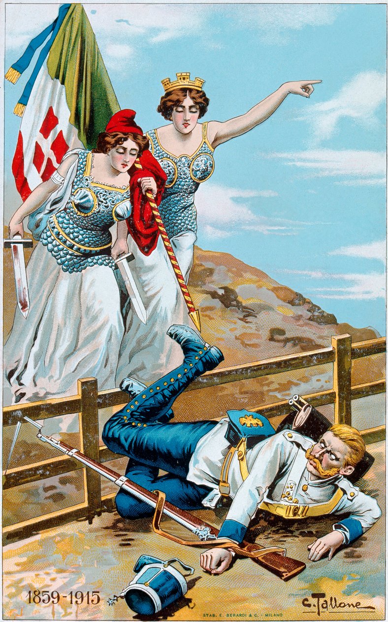Primeira Guerra Mundial: cartaz representando uma alegoria da Itália e da França perseguindo a Alemanha para além da fronteira. Ilustração de Cesare Tallone (1853-1919) Colecção privada de Cesare Tallone