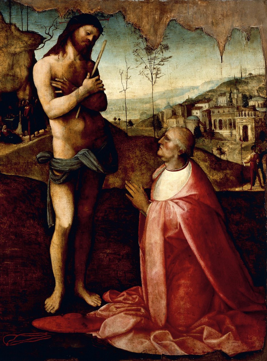 Cristo sofredor e o cardeal Oliviero Carafa em oração (pintura) de Cesare da Sesto
