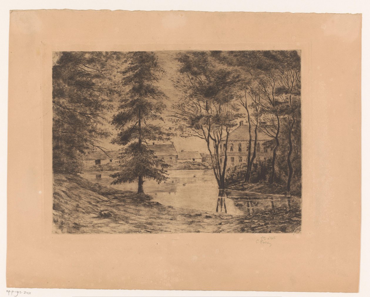 Vista do castelo de Ghlin de Ch. Perrin (signed by artist)