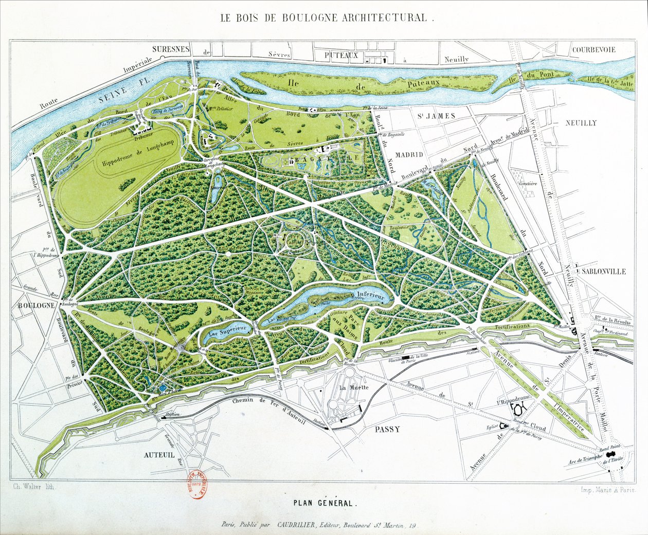 Plano do Bois de Boulogne em Paris, publicado pela Caudrilier, 1860 de Ch. Walter