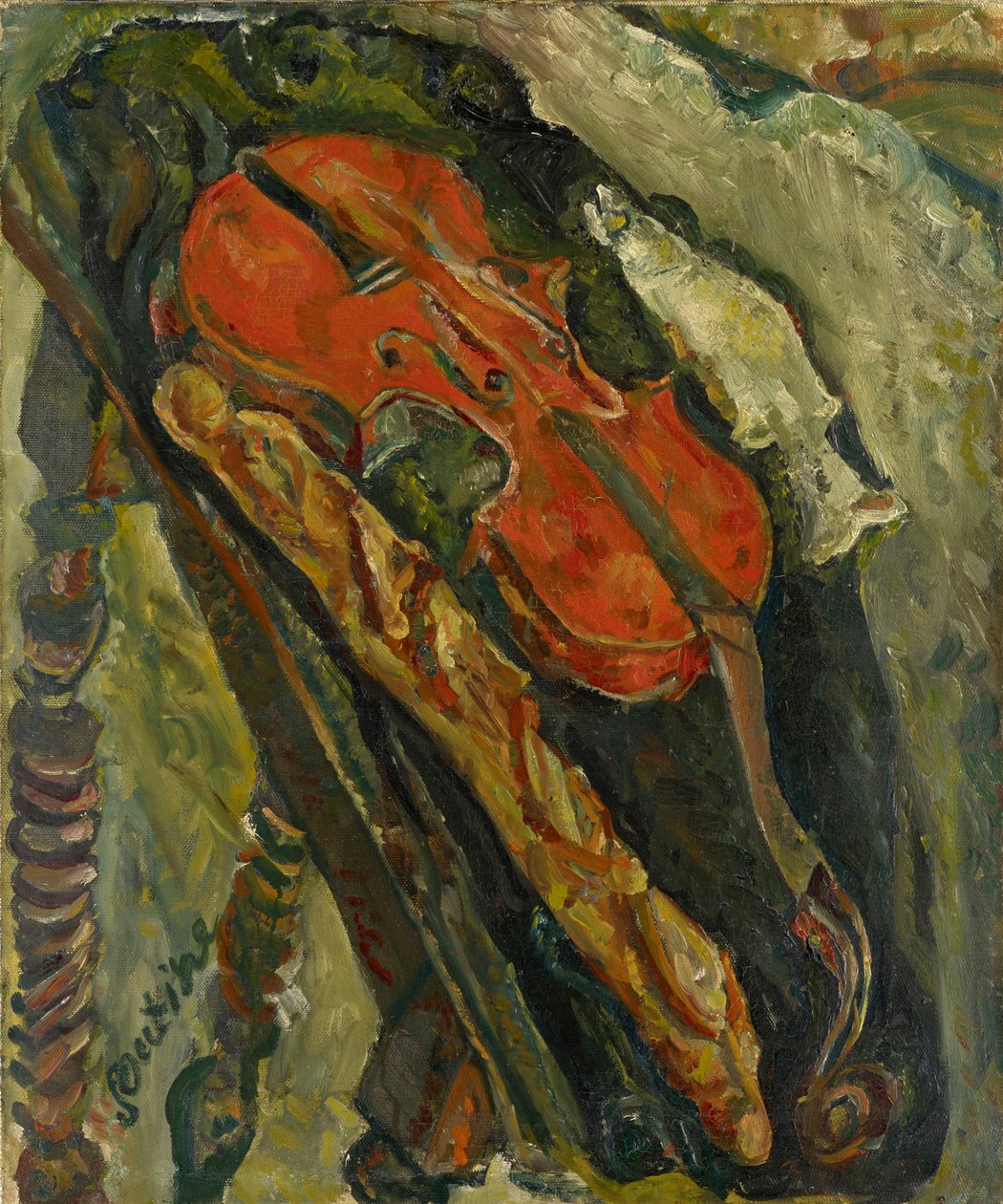 Natureza morte au violon, pain et poisson Natureza morta com violino, pão e peixe, c. 1922 de Chaim Soutine