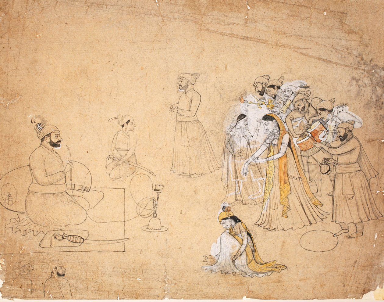 Um raja entretido por dançarinos e músicos, c.1780 (wc opaca no papel) de Chajju