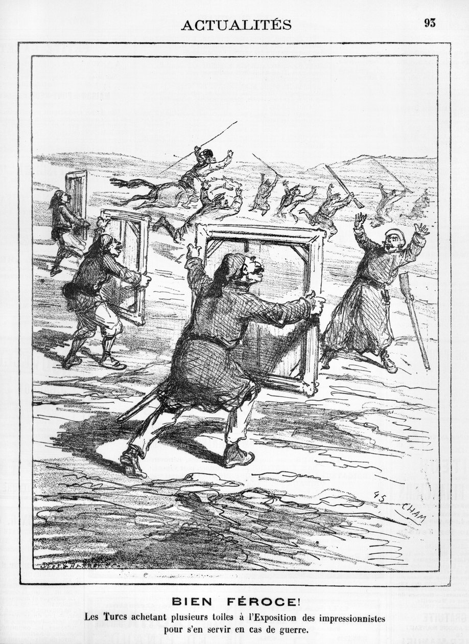 &39;Feroz!&39; Os turcos compram várias obras na Exposição Impressionista para serem usadas em caso de guerra, caricatura de &39;Le Charivari&39;, 28 de abril de 1877 de Cham