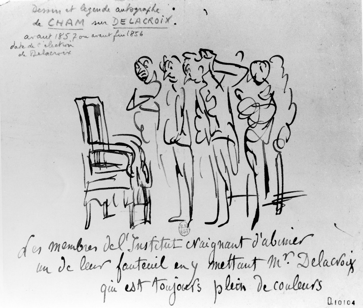 Relutância dos membros do Institut de France em instalar o Delacroix em uma de suas cadeiras por medo de que seu amor pelas cores manche o assento, 1856-7 (caneta, pincel e tinta no papel) de Cham