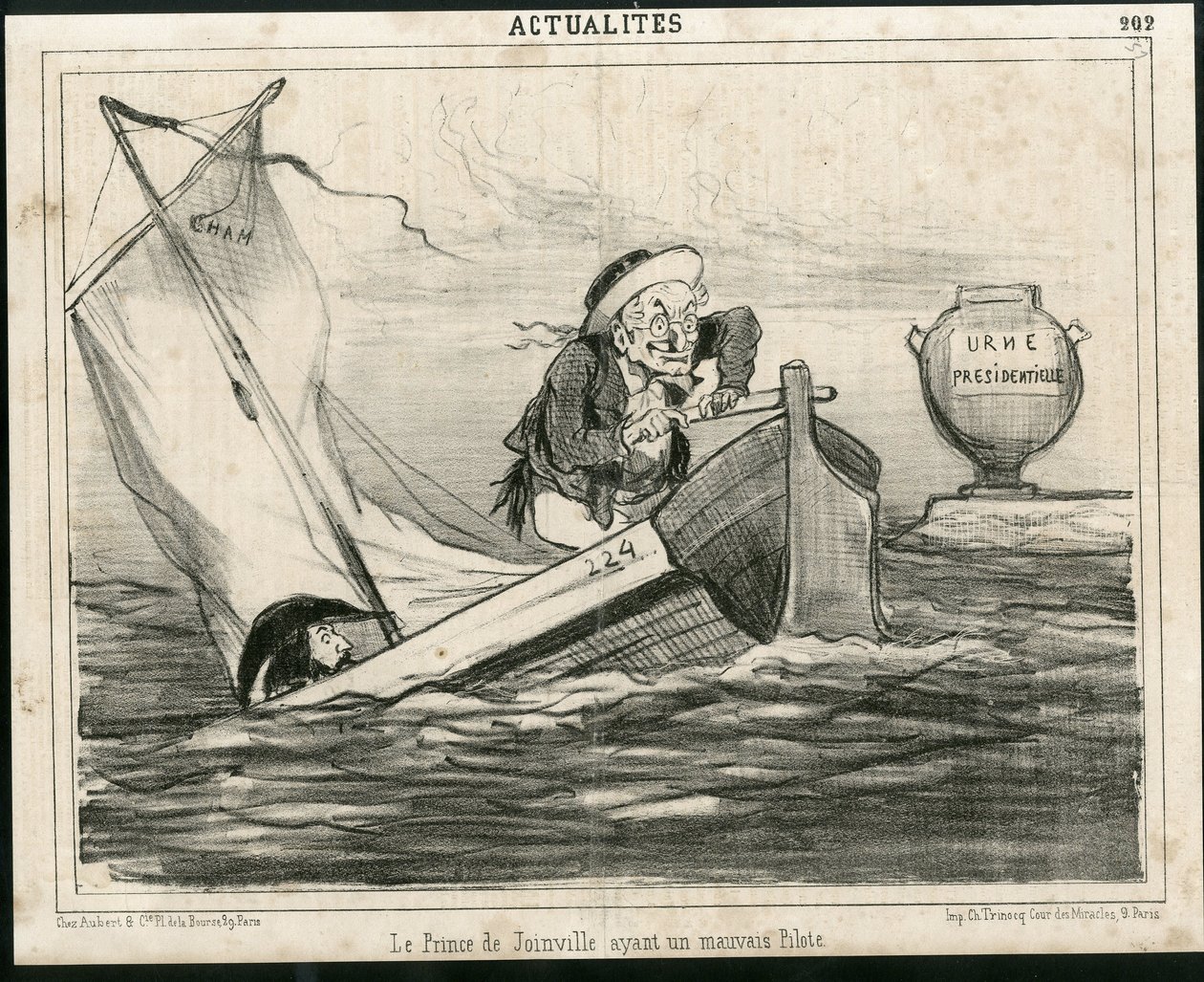 Ilustração de Cham (1819-1879) em Le Charivari, cerca de 1850 - O Príncipe de Joinville tendo um mau piloto - Eleições, Presidente da República, Náutica Marítima Nautique Balneaire - Thiers Adolphe, François d