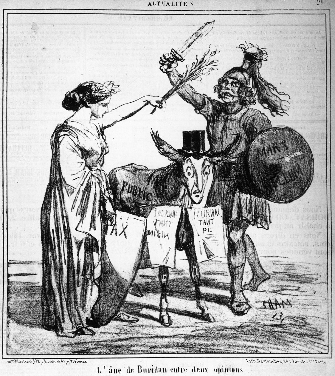 O burro de Buridan entre duas opiniões - por Cham, em "Charivari" de 29/04/1859. de Amédée de Noé