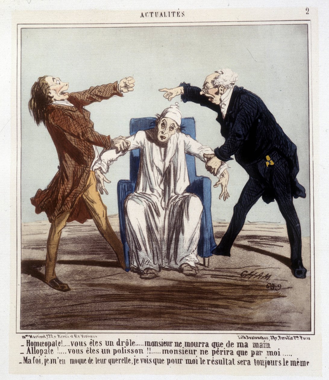 Desenho animado sobre alopatia e homeopatia de Cham de Amédée de Noé