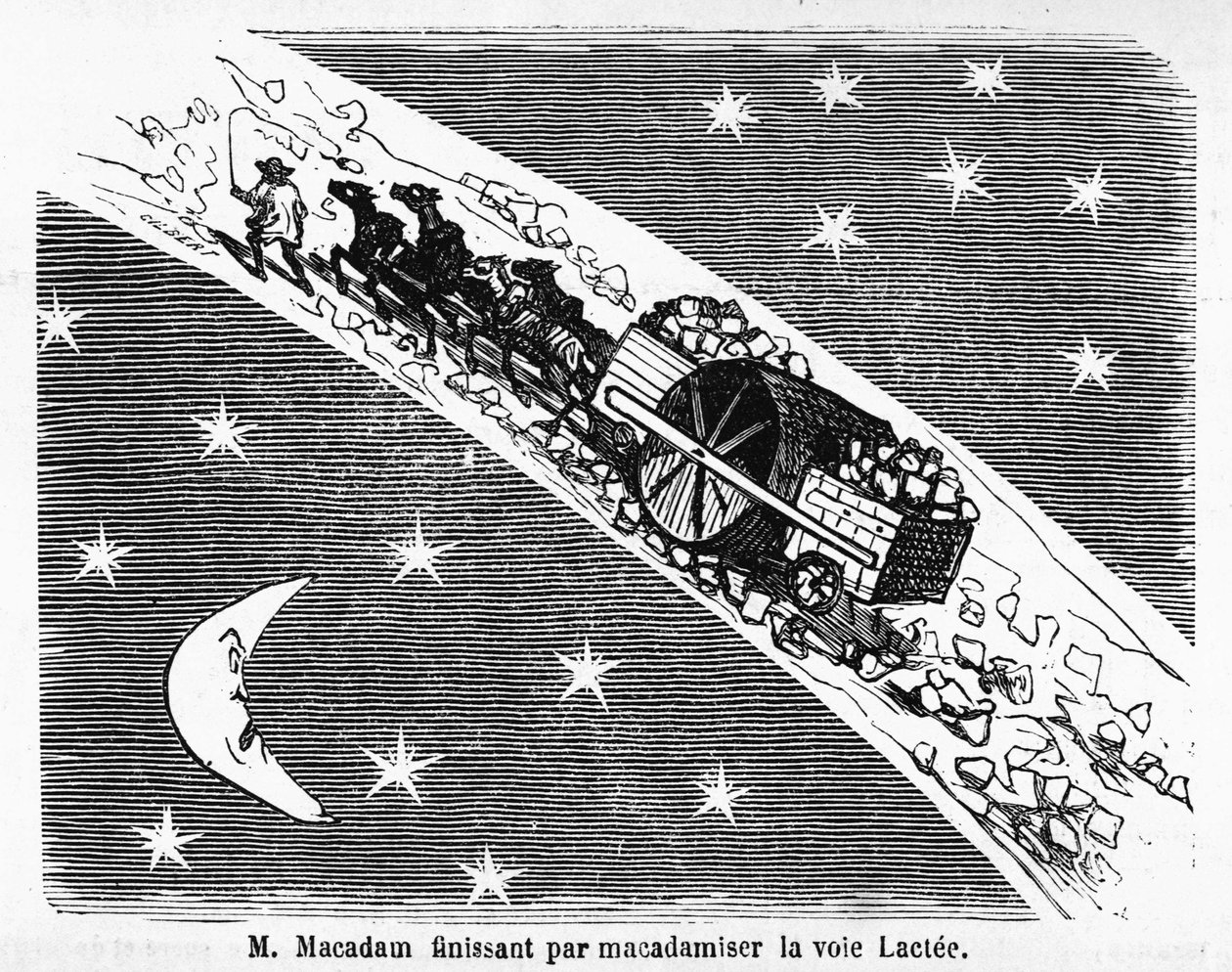Cartoon on the stone covering of streets, MacAdam, engenheiro escocês (1756-1838): "M. Macadam terminando por macadamizar a Via Láctea" - em "Album Charivarique", ill. de Cham de Amédée de Noé