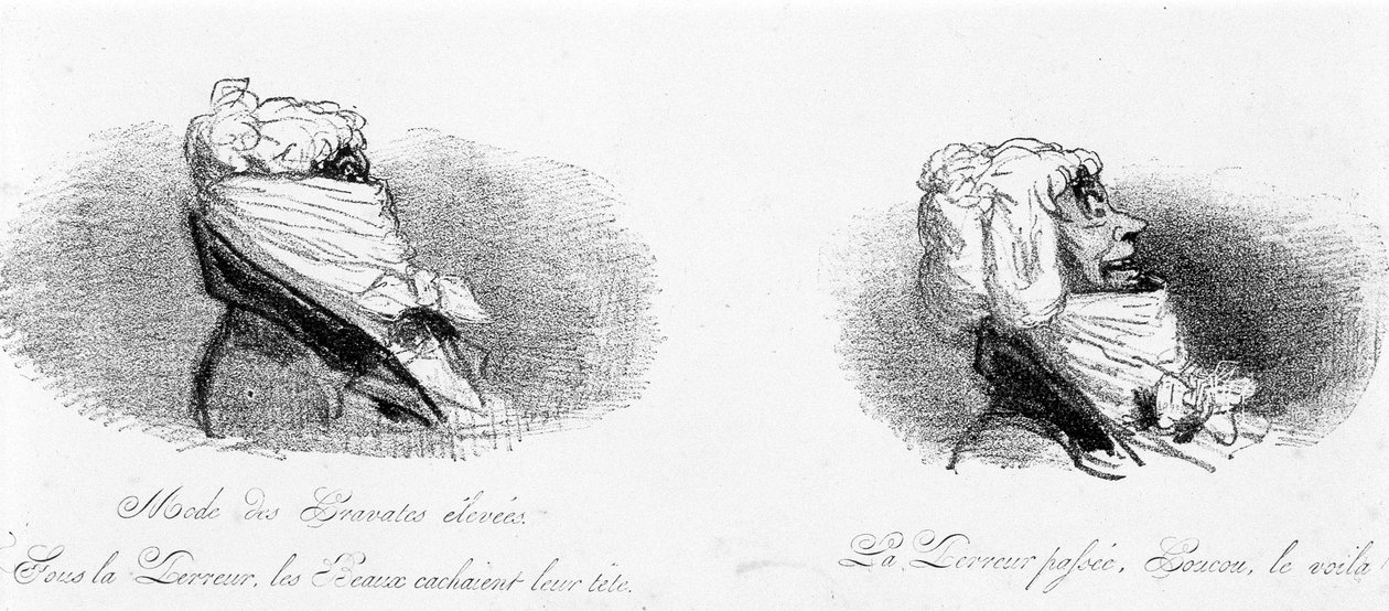Desenho satírico sobre o burguês na época da revolução francesa. "Moda de laços altos: sob o Terror, a bela escondeu as suas cabeças... O passado do Terror... Ei, lá está ele!" Em "Tortures de la mode" por Cham de Amédée de Noé