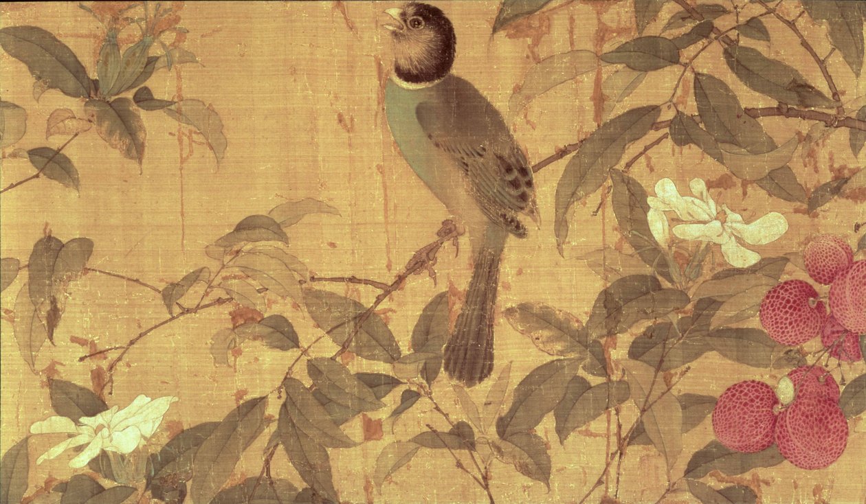 Adicione 32 pássaros e flores OA, detalhes de um pergaminho horizontal (tinta e cores em seda) de Chao Chi
