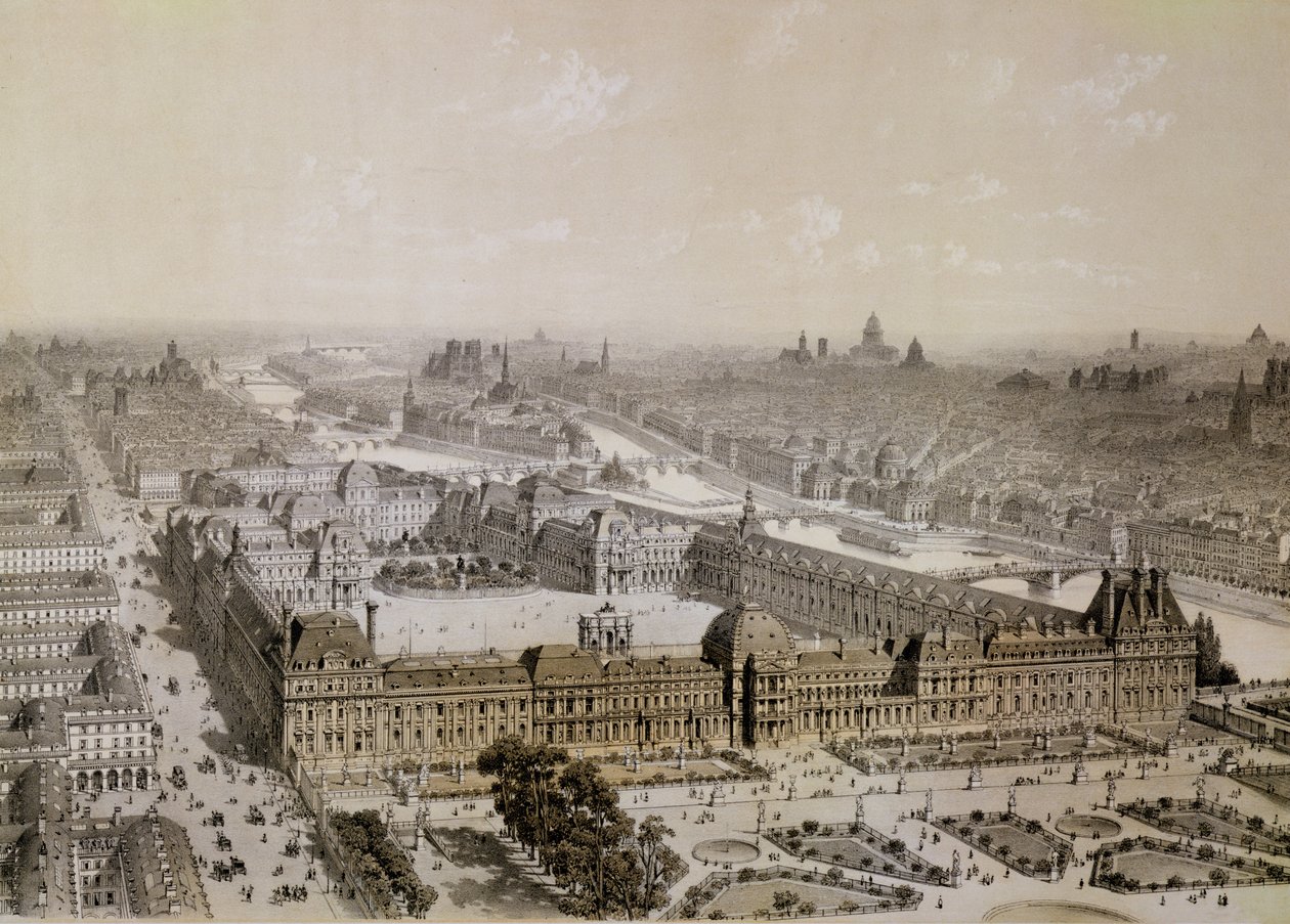 O Louvre Acabado e a Nova Rue de Rivoli, gravada por Philippe Benoist (1813-c.1905) de Chapuis