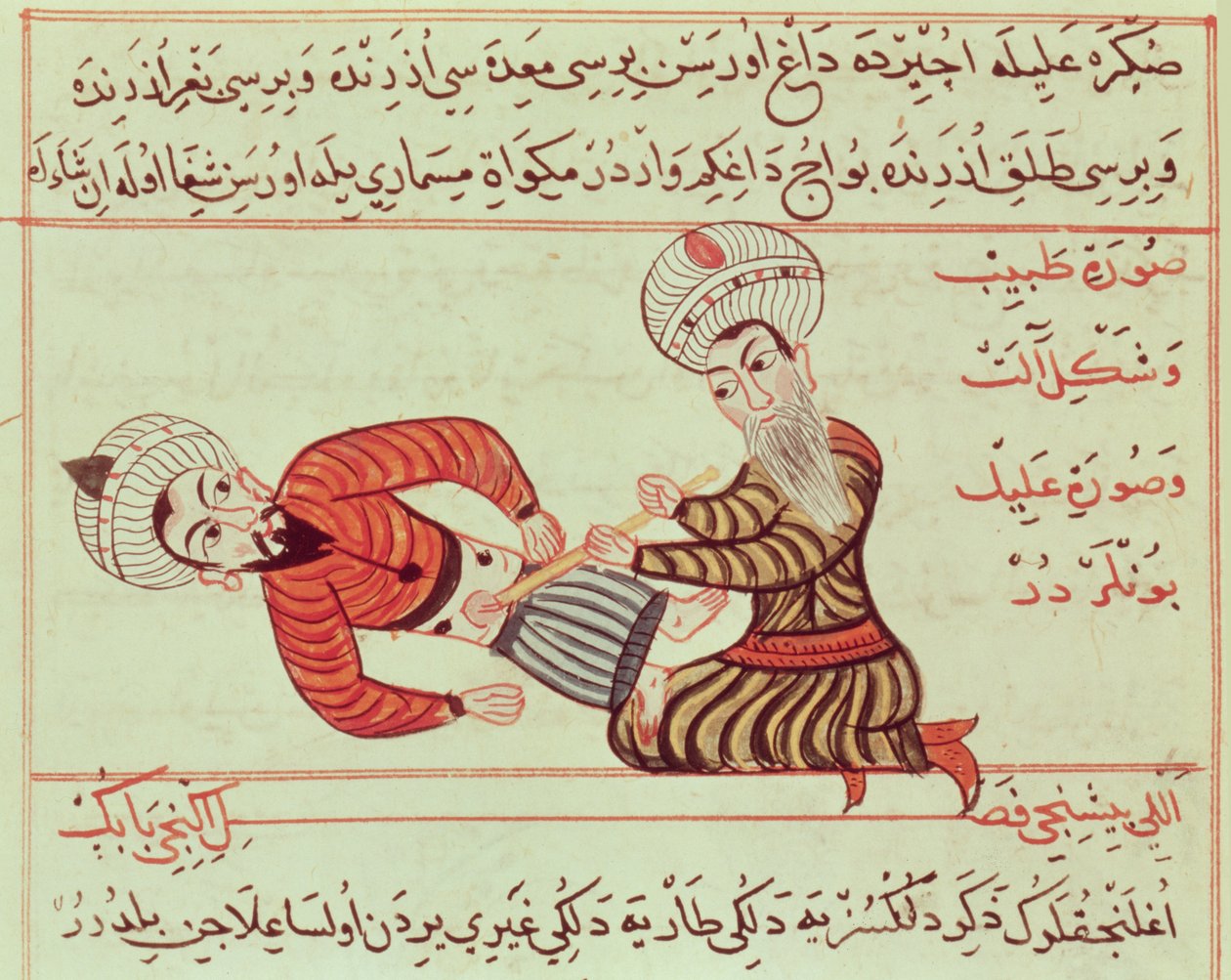 Ms Sup Turc 693 fol.95 Punção cirúrgica da cavidade abdominal da aspiração de líquido peritoneal com uma cânula em paciente portador de hidropisia, 1466 de Charaf ed Din