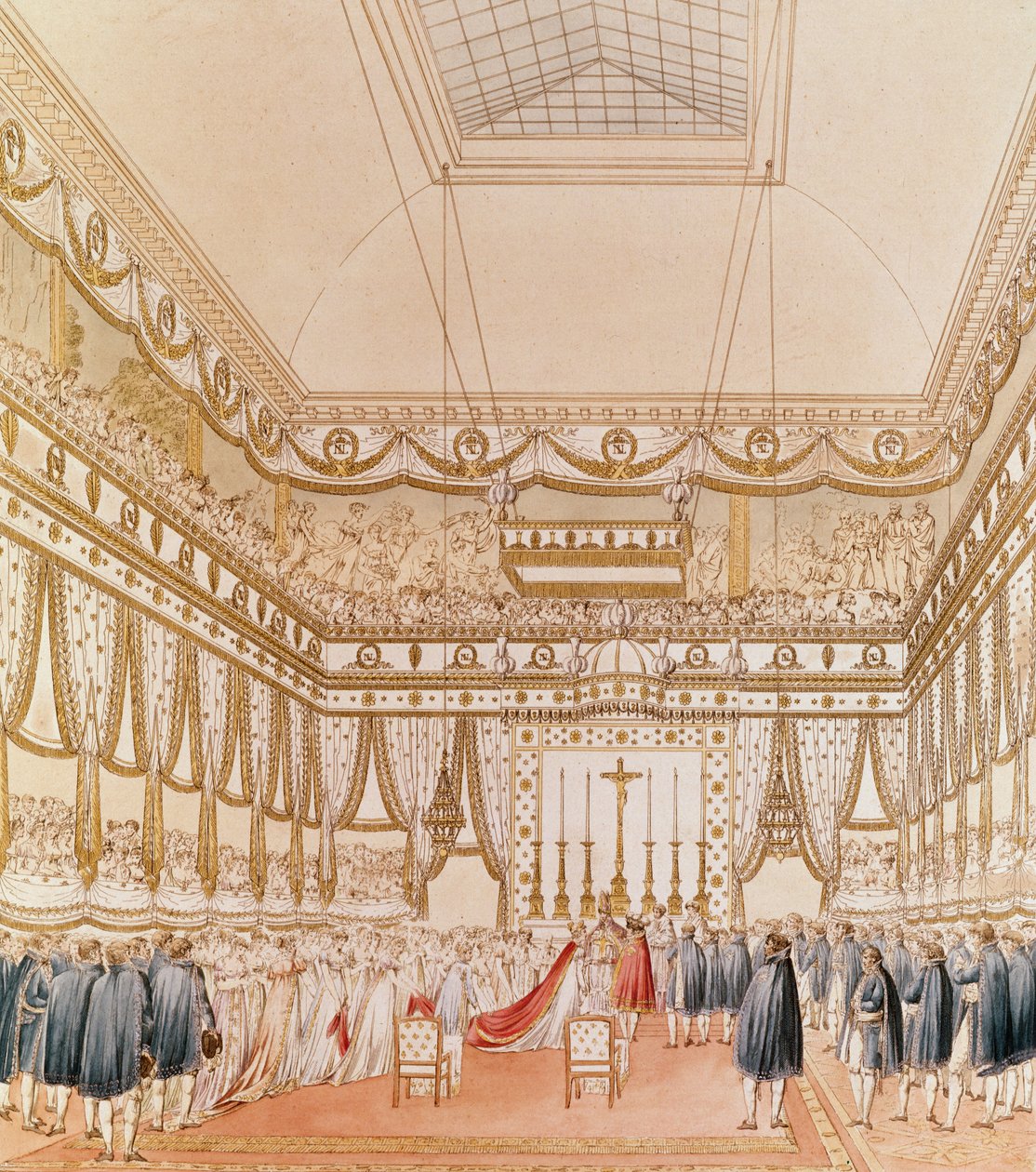 O casamento de Napoleão e Marie-Louise na capela do Louvre (gravura a cores) de Charles Percier
