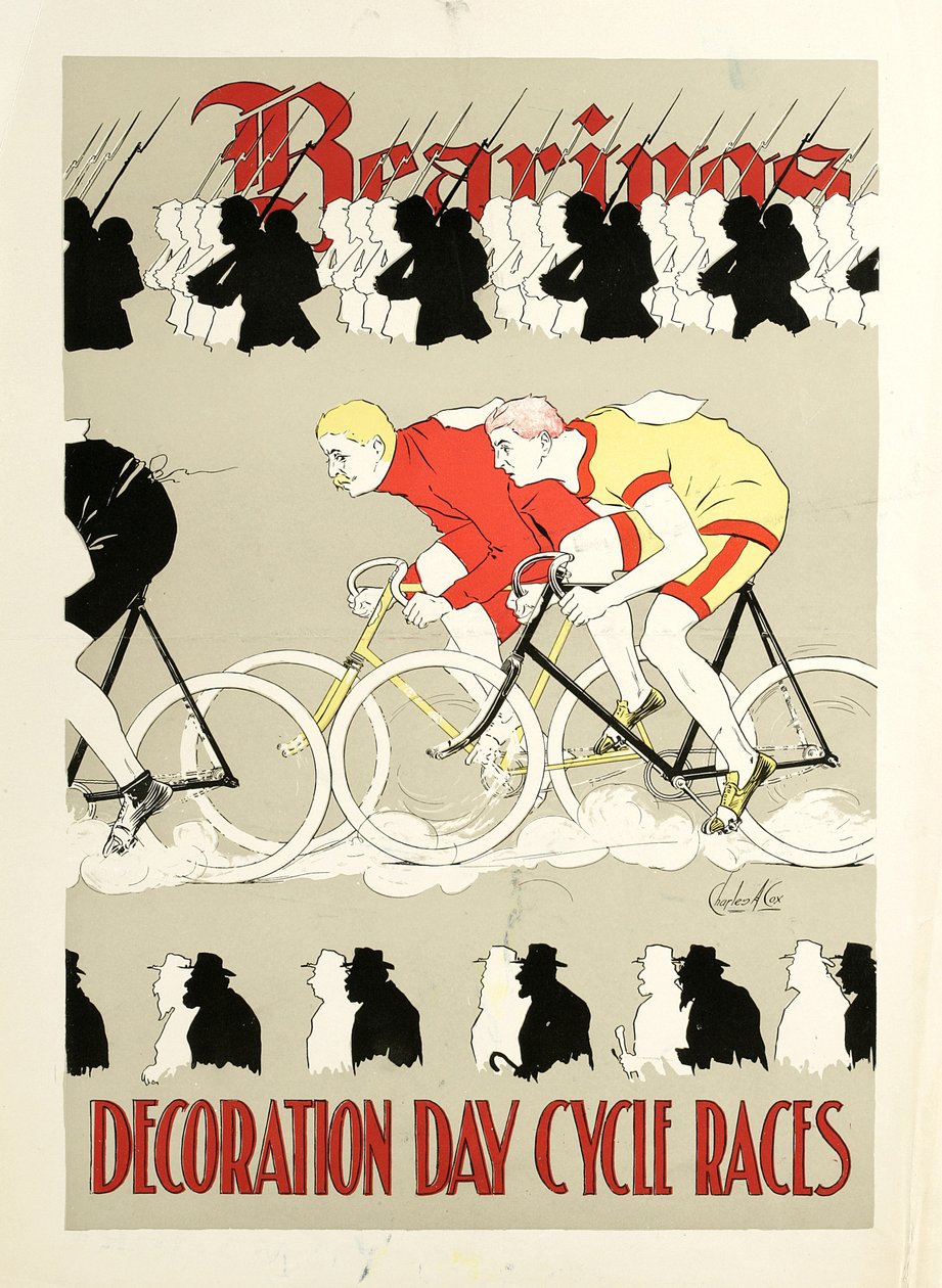 Rolamentos, Corridas de Ciclo do Dia da Decoração. Poster, c.1890s (impressão pôster) de Charles A. Cox