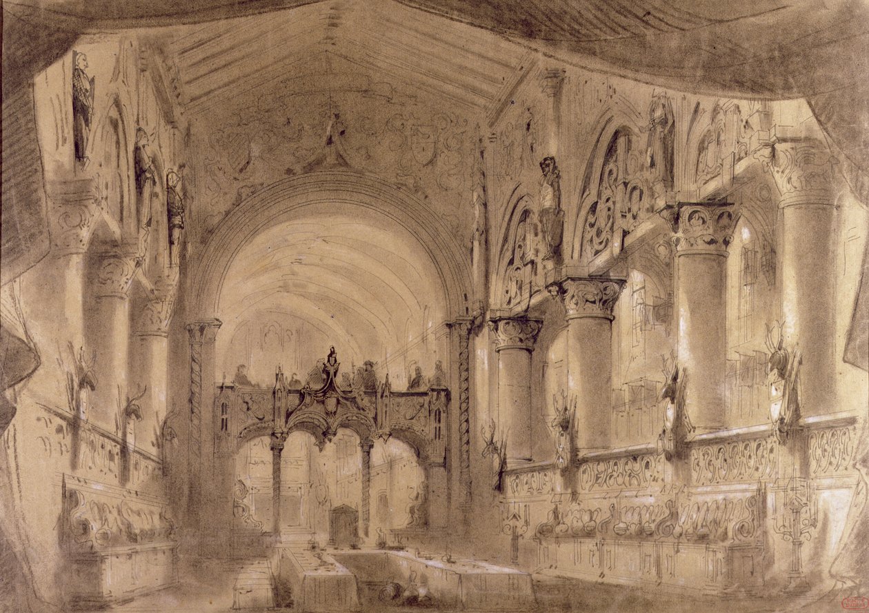 Cenografia do Ato II de uma performance da ópera &39;Macbeth&39; de Giuseppe Verdi (1813-1901) no Teatro Lyrique, Chatelet, 1865 de Charles Antoine Cambon