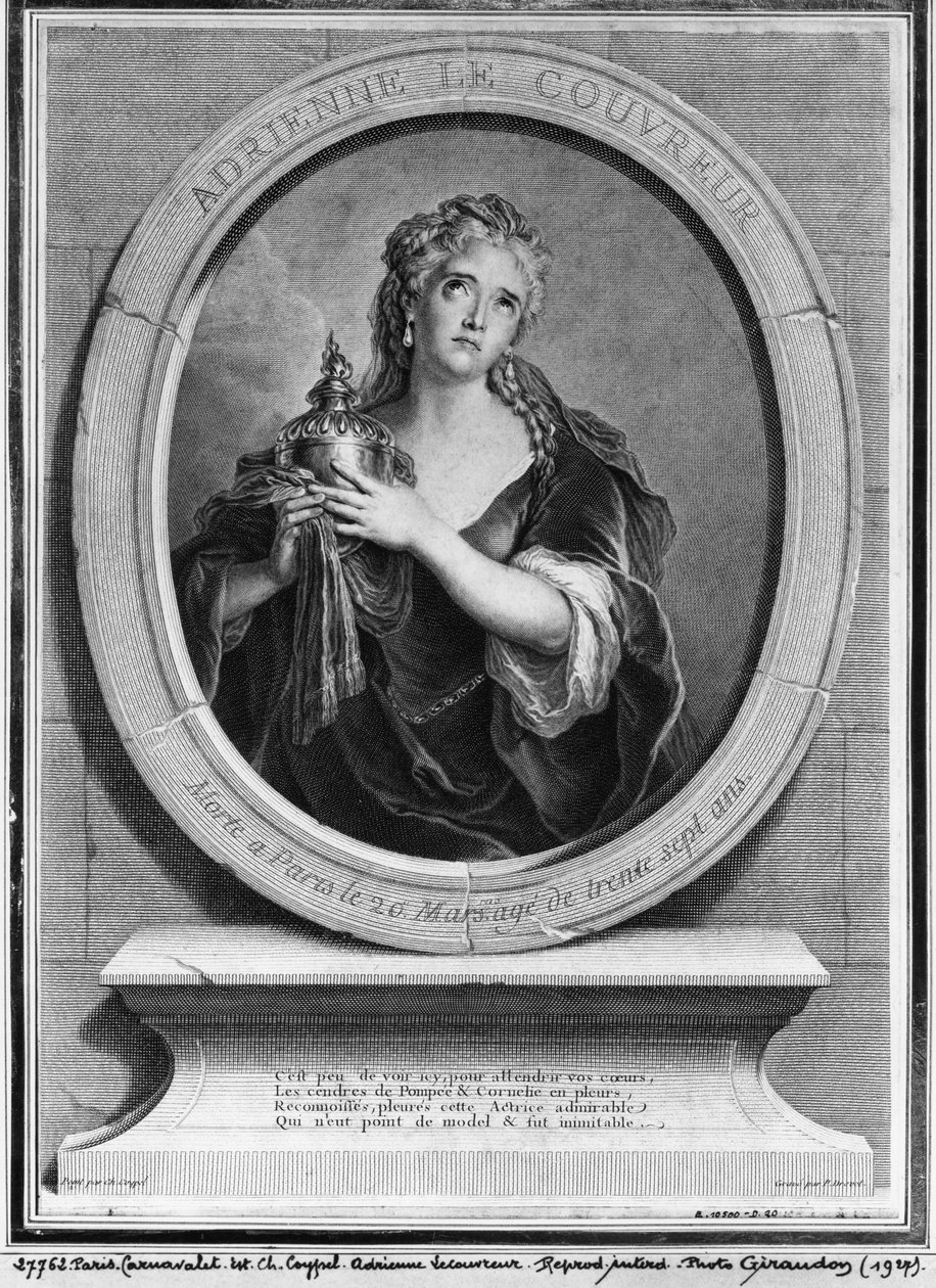 Adrienne Lecouvreur (1692-1730) gravada por Pierre Drevet de Charles Antoine Coypel
