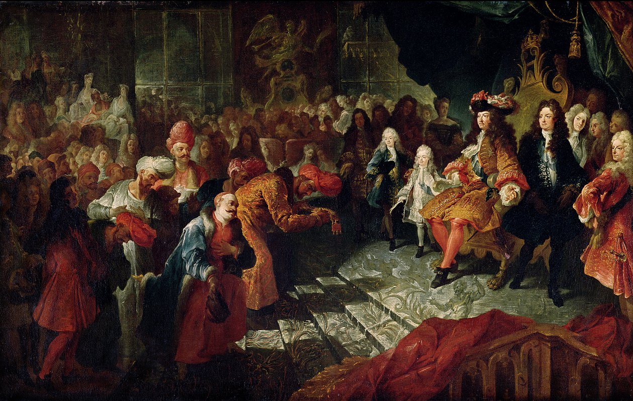 Luís XIV (1638-1715) recebe o embaixador persa Mohammed Reza Beg na Galerie des Glaces em Versalhes, em 19 de fevereiro de 1715 de Charles Antoine Coypel