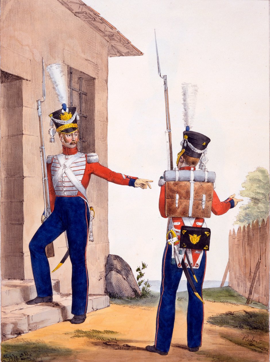 Uniforme do 8º Regimento de Infantaria da Guarda Real da Suíça, de &39;Collection des Uniformes de l&39;Armée Française&39;, publicado em 1823 (litho colorido à mão) de Charles Aubry