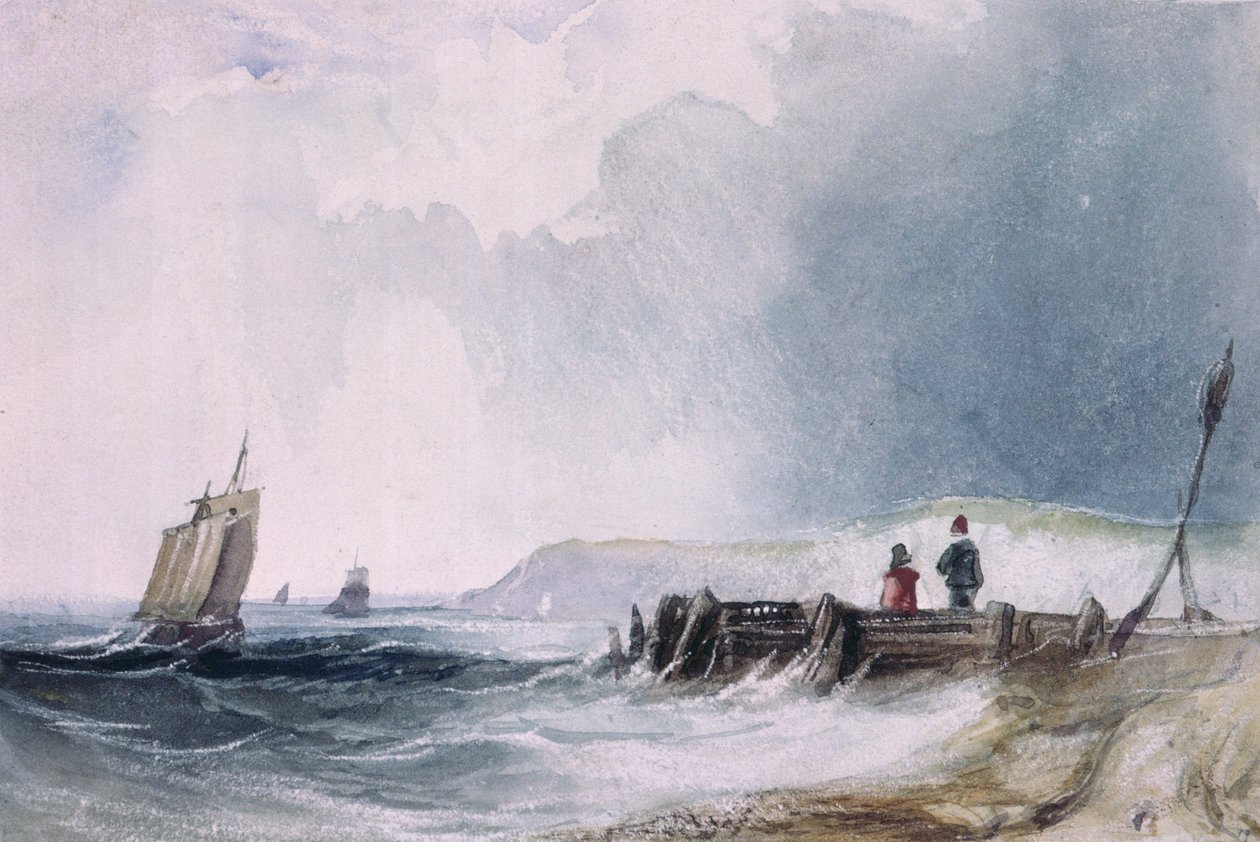 Cena da costa, com barcos e cais de madeira de Charles Bentley