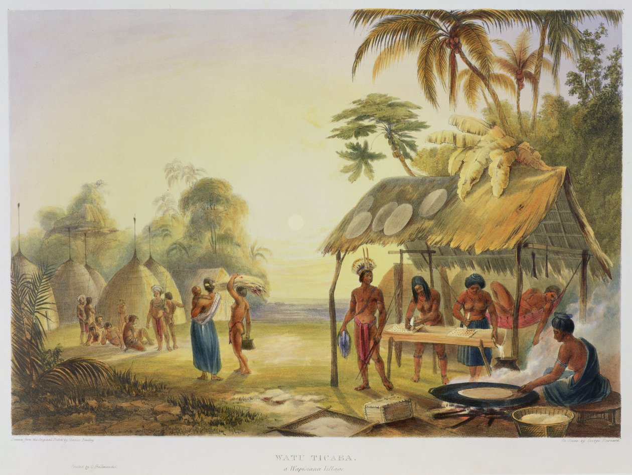 Watu Ticaba, uma vila Wapisiana, de "vistas no interior de Guiana", gravada pelo bar de George Barnard (fl.1832-90). por Ackermann, 1840 de Charles Bentley