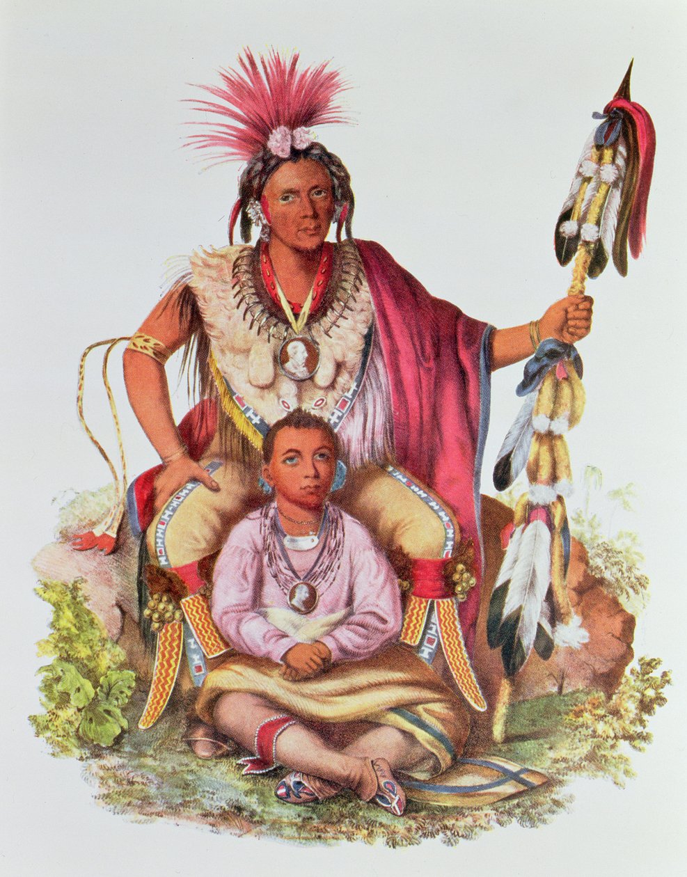 Keokuk ou &39;Vigilante Fox&39;, Chefe das Sauks e Raposas, e seu Filho, Musewont ou &39;Raposa de Cabelos Longos&39;, c.1837, ilustração de &39;As Tribos Indígenas da América do Norte, Vol. 2&39;, por Thomas L. McKenney e Jam de Charles Bird King