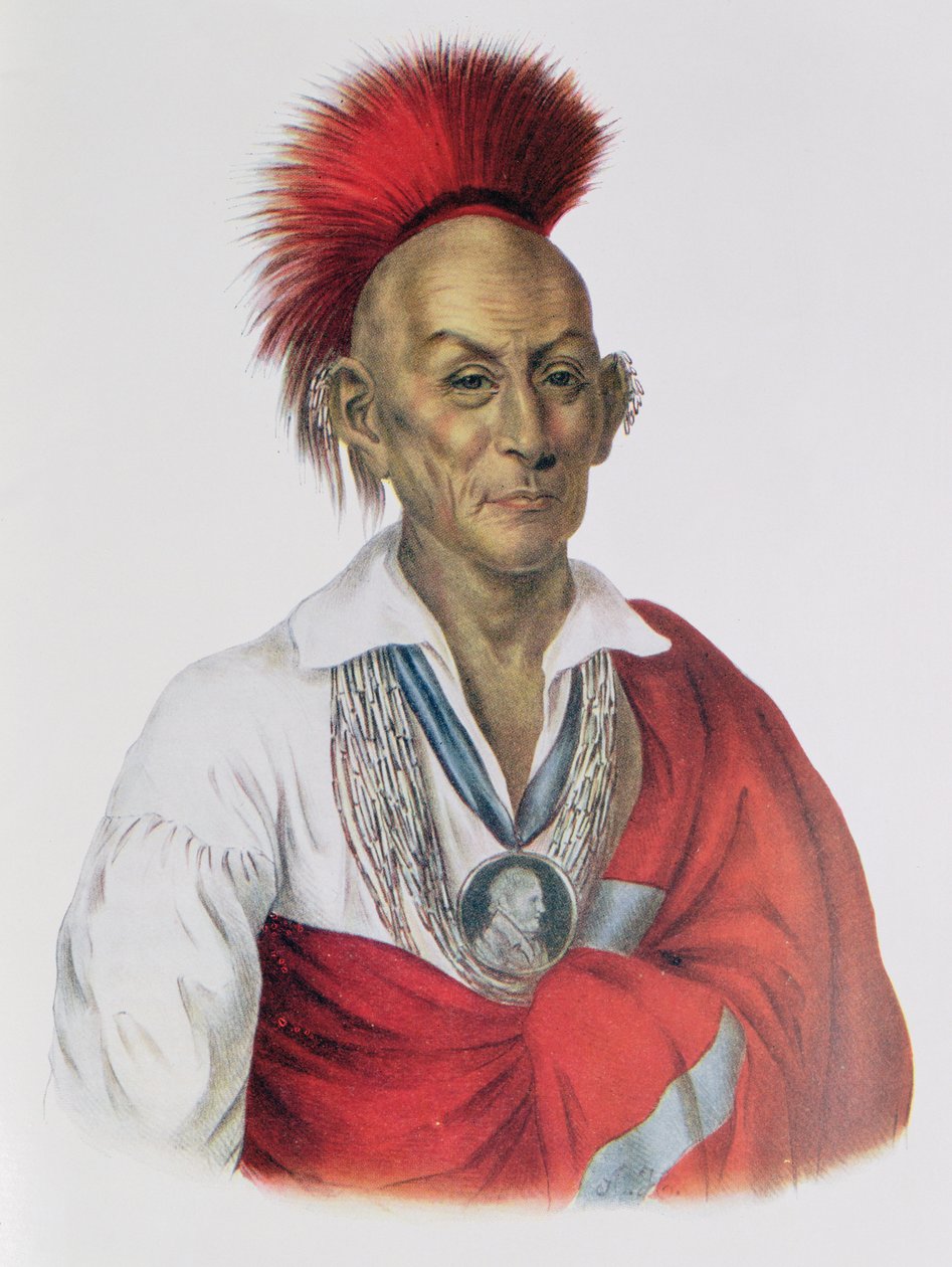 Ma-Ka-TAI-mim-Ela-Kia-Kiah ou falcão preto, um Sauk bravo, 1837, ilustração "dos tribos indianos de America do Norte, Vol.2", por Thomas L. McKenney e por James Salão, bar. John Grant de Charles Bird King