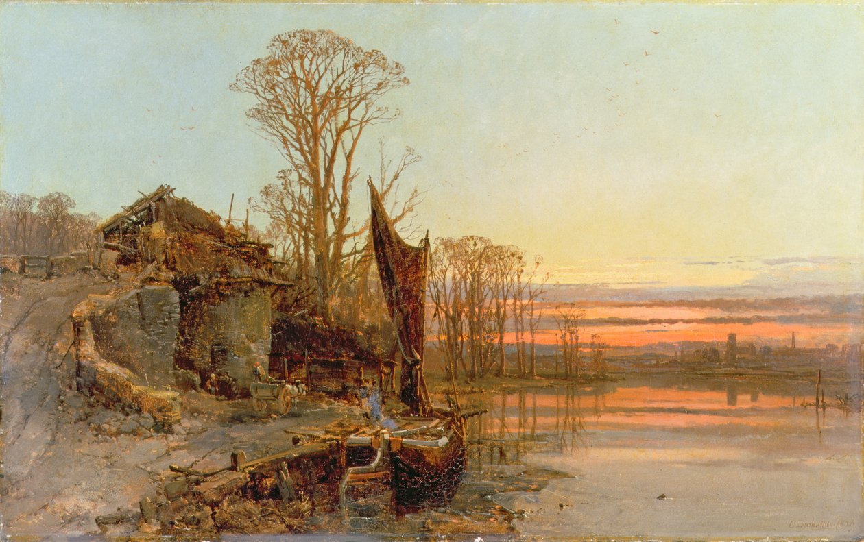 Paisagem com uma casa em ruínas ao pôr do sol, 1898 de Charles Branwhite