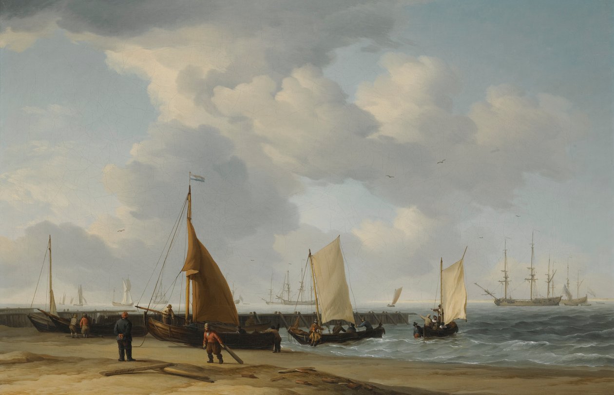 Uma cena de praia com um homem-de-guerra à distância de Charles Brooking