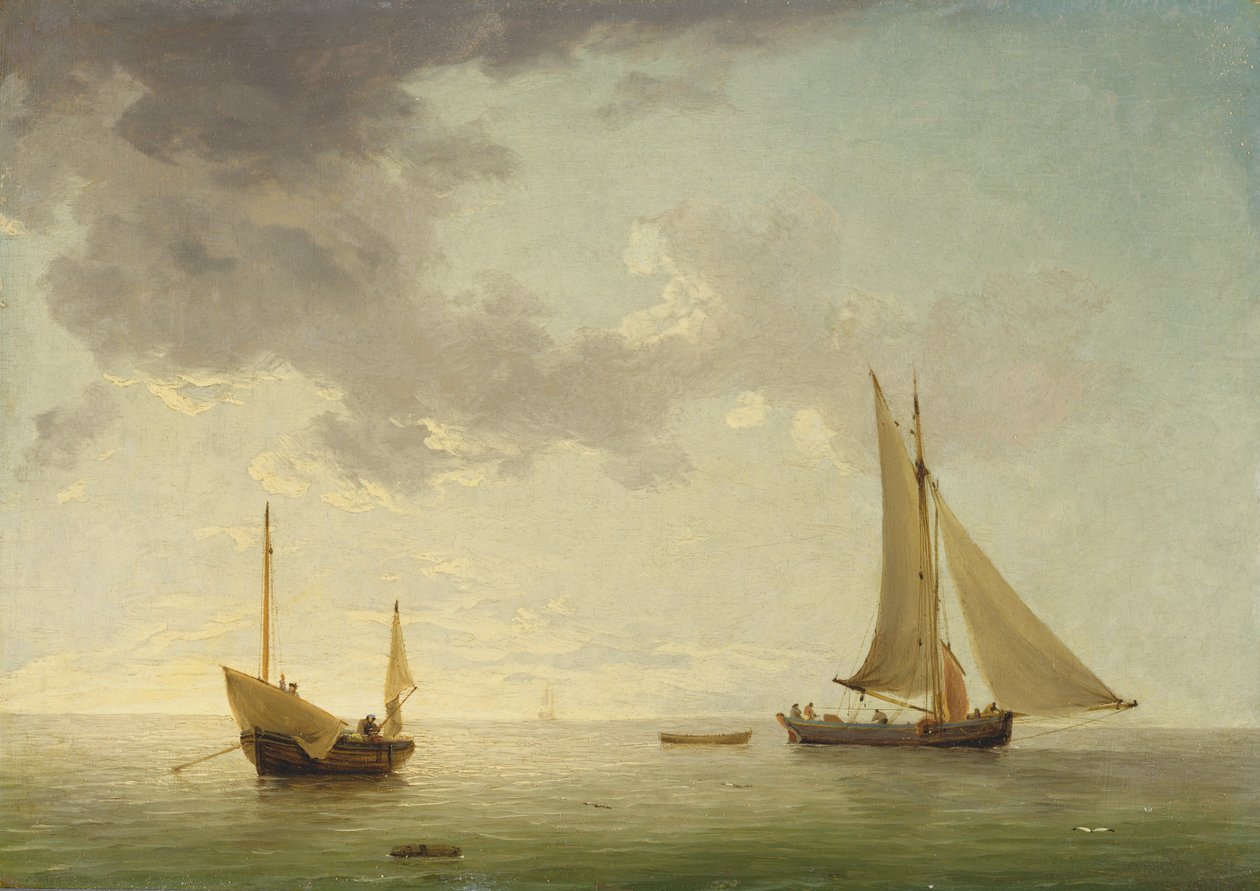 Um Lugger e um Smack in Light Airs (óleo em cobre) de Charles Brooking