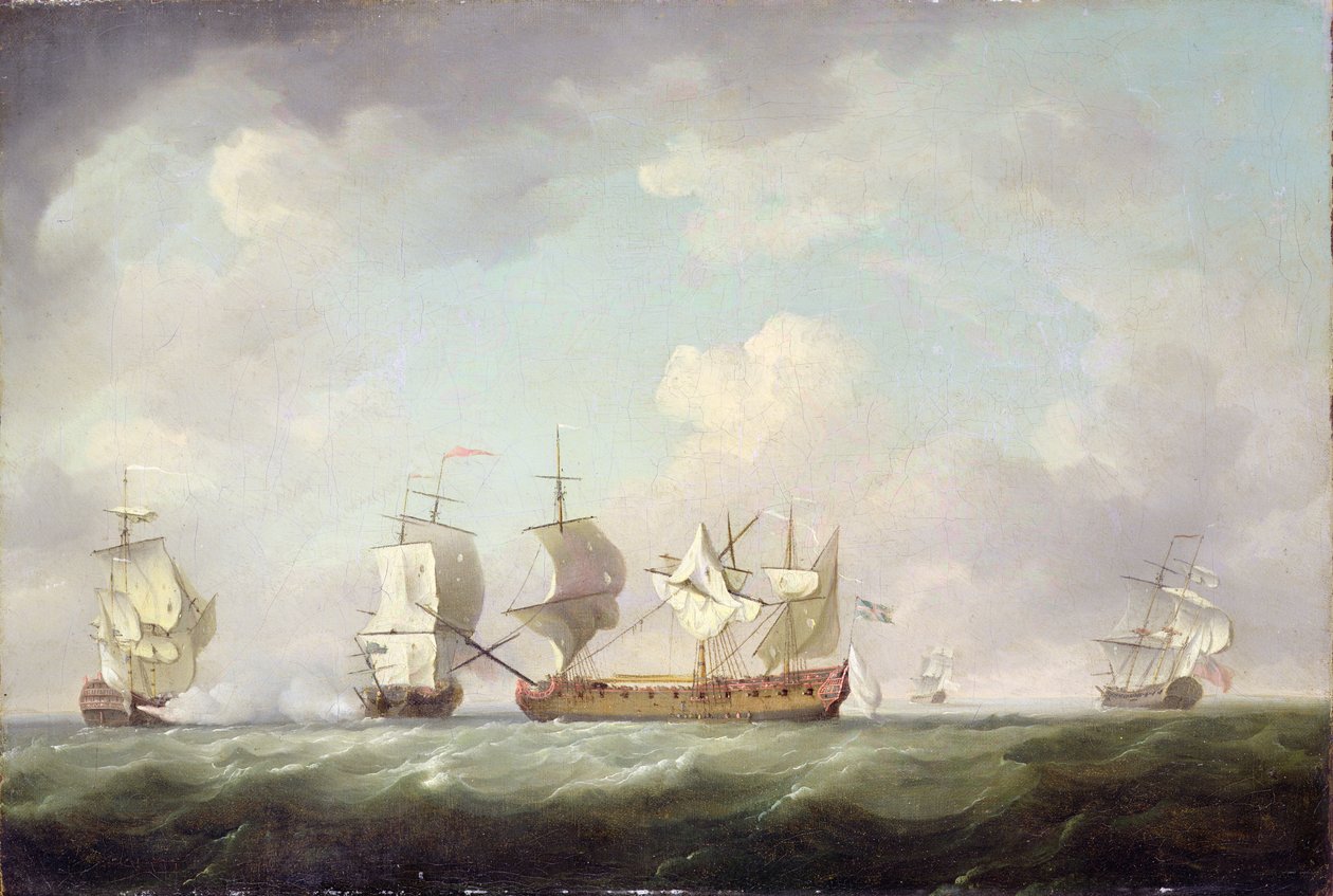 A captura do &39;Marquis d&39;Antin&39; e do &39;Louis Erasme&39;, c.1745-55 de Charles Brooking