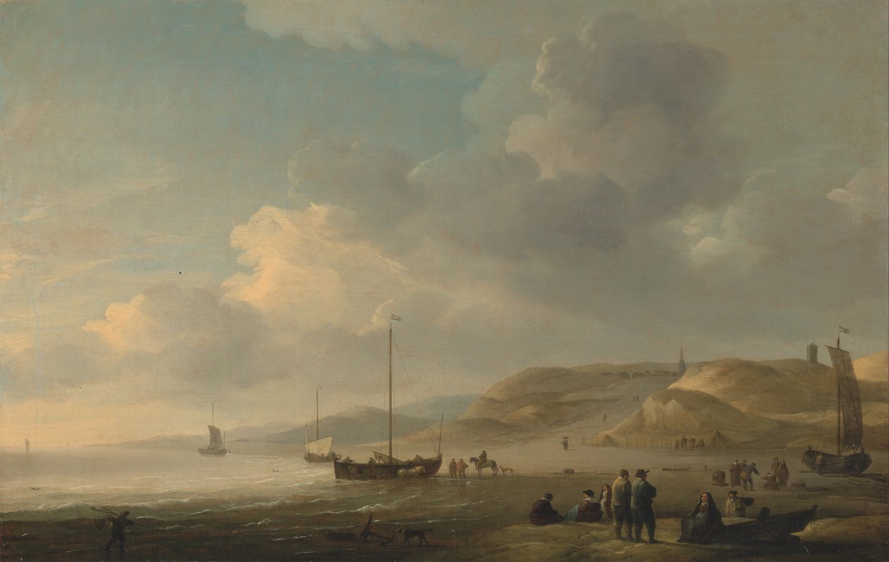 A costa perto de Scheveningen com rosa de pesca na costa de Charles Brooking