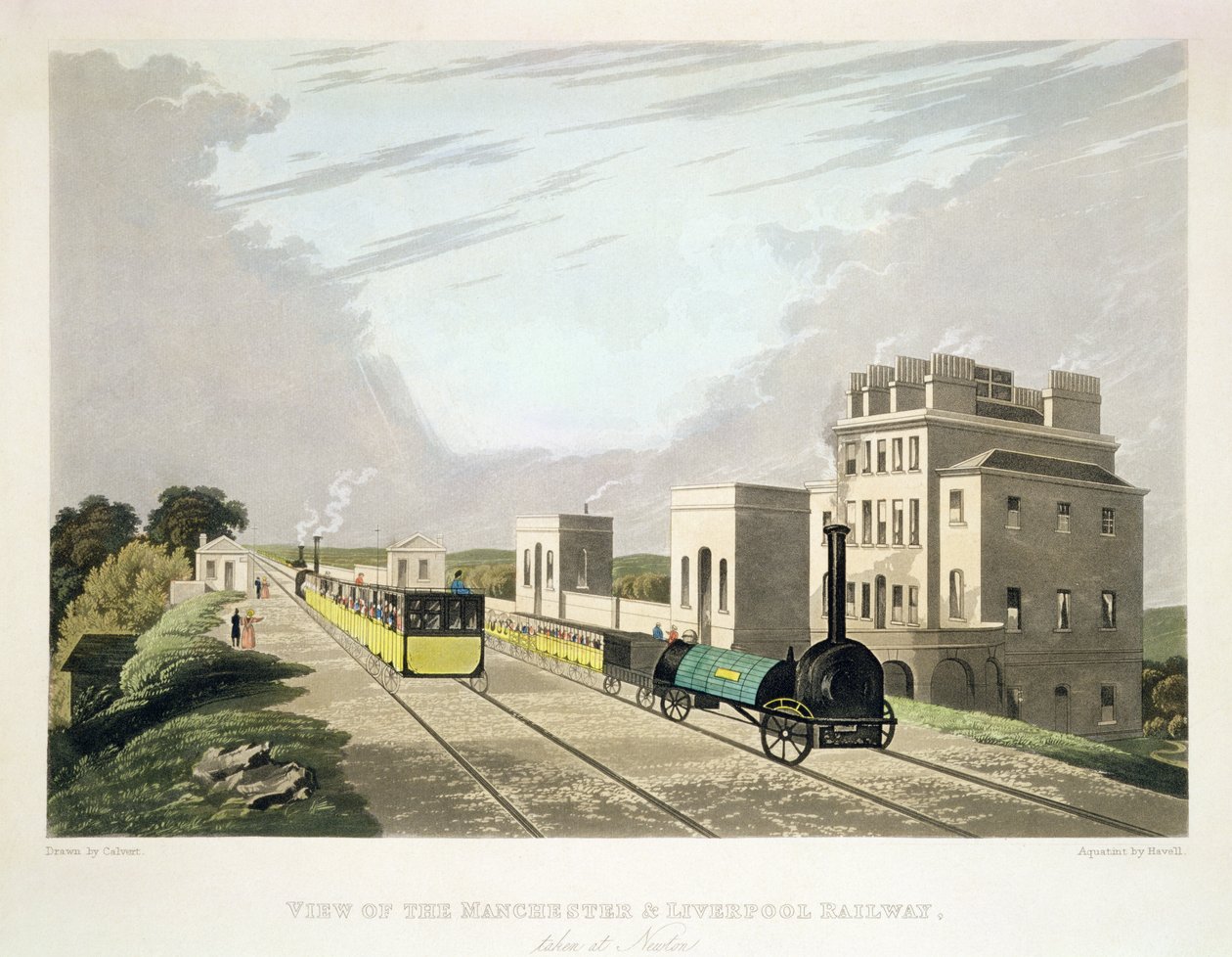 Vista do Manchester e Liverpool Railway, tirada em Newton, 1825, gravada por Havell (aquatint) de Charles Calvert