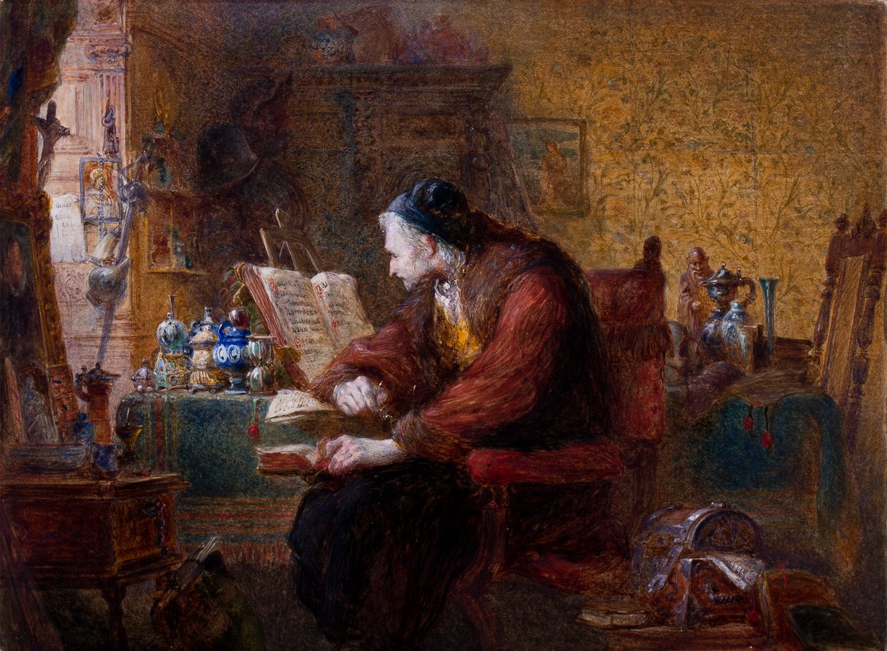 O Antiquário, 1863 (wc, guache e goma arábica no papel) de Charles Cattermole