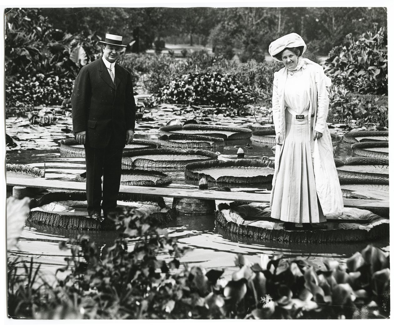 Torre Grove Park Lily Pond. Homem e mulher em pé na Lily Pads. de Charles Clement Holt