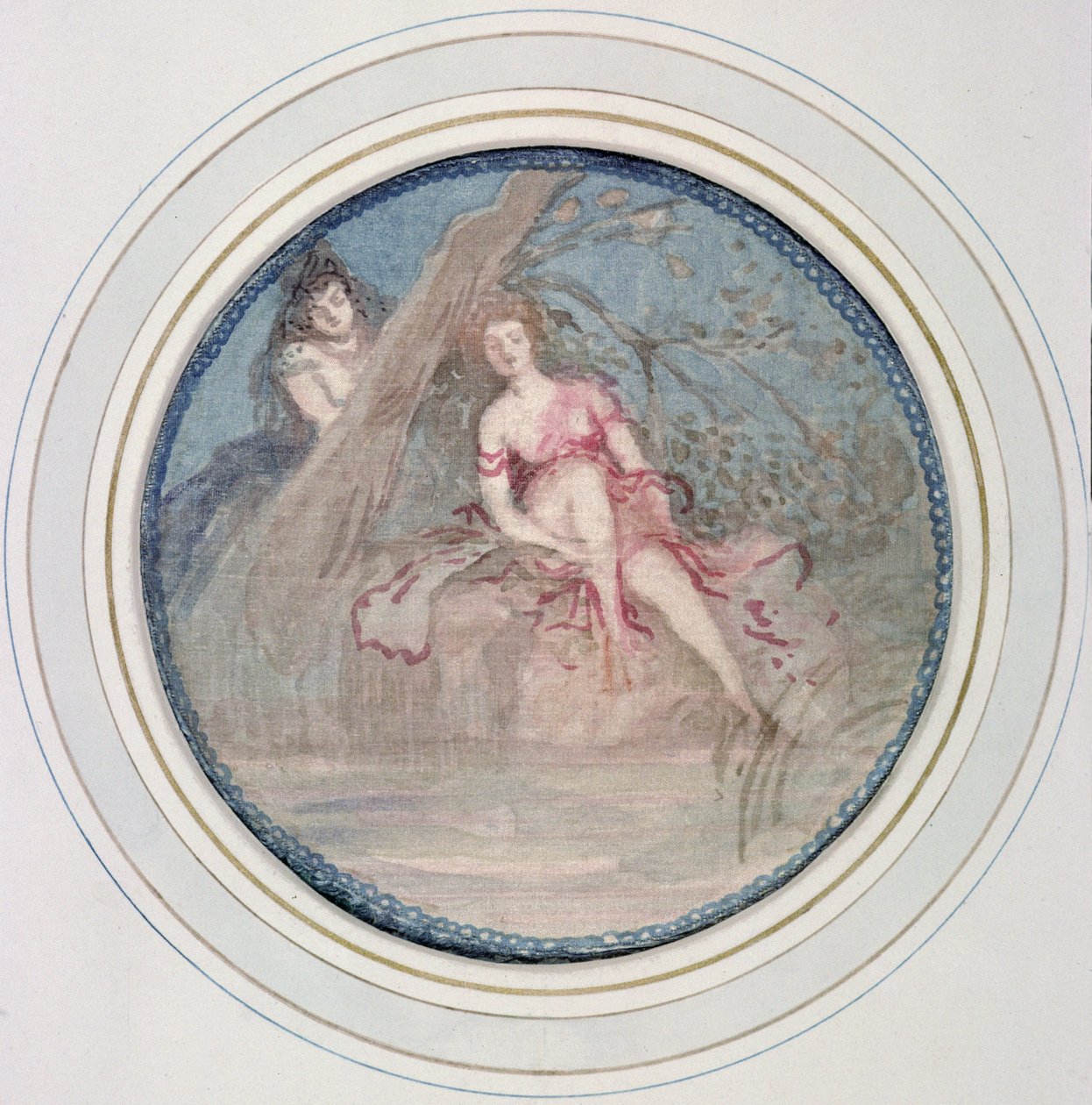 Figura feminina sentada no banco de um córrego: outra figura atrás de uma árvore de Charles Edward Conder