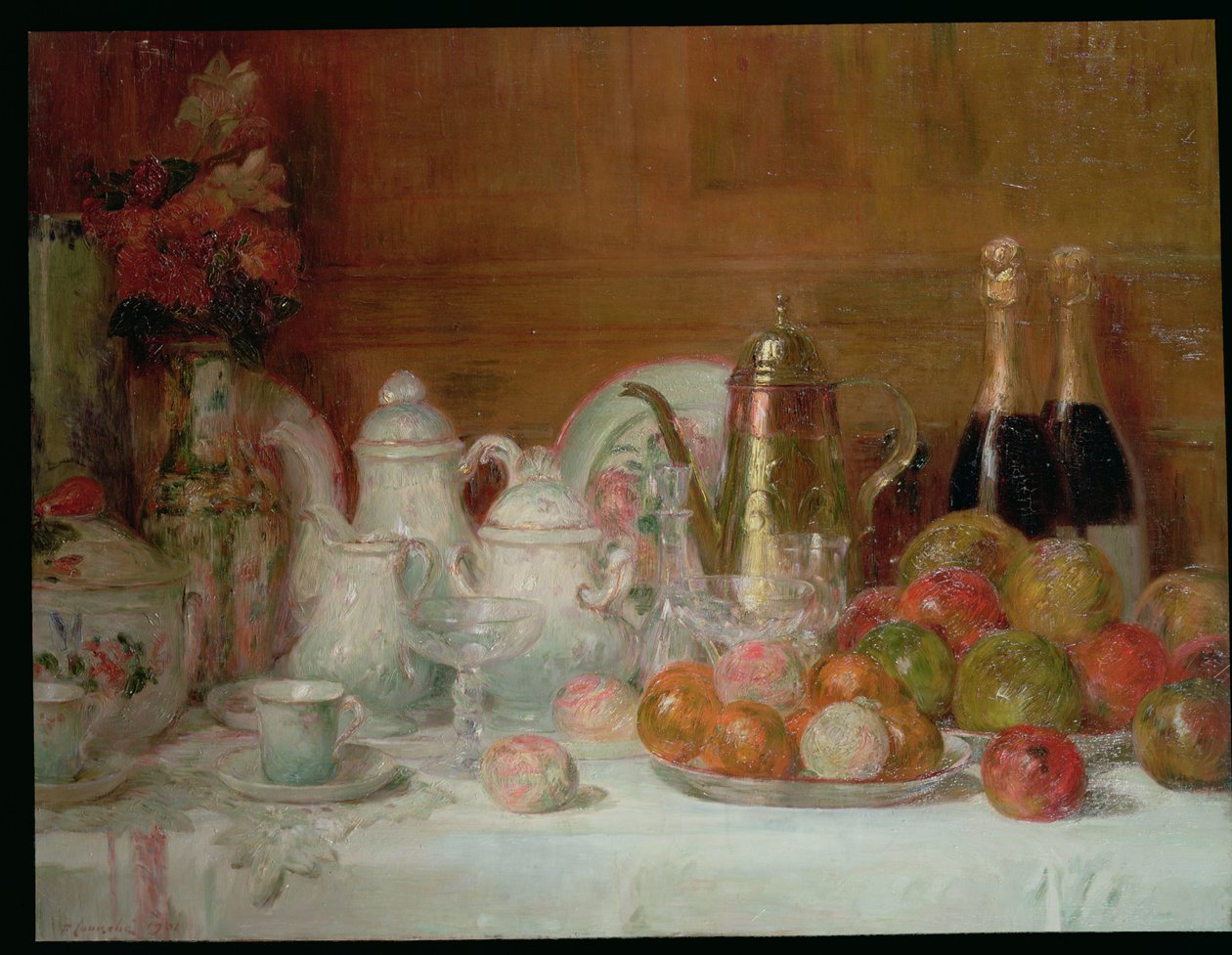 Ainda vida com frutas e garrafas de champanhe de Charles Couche