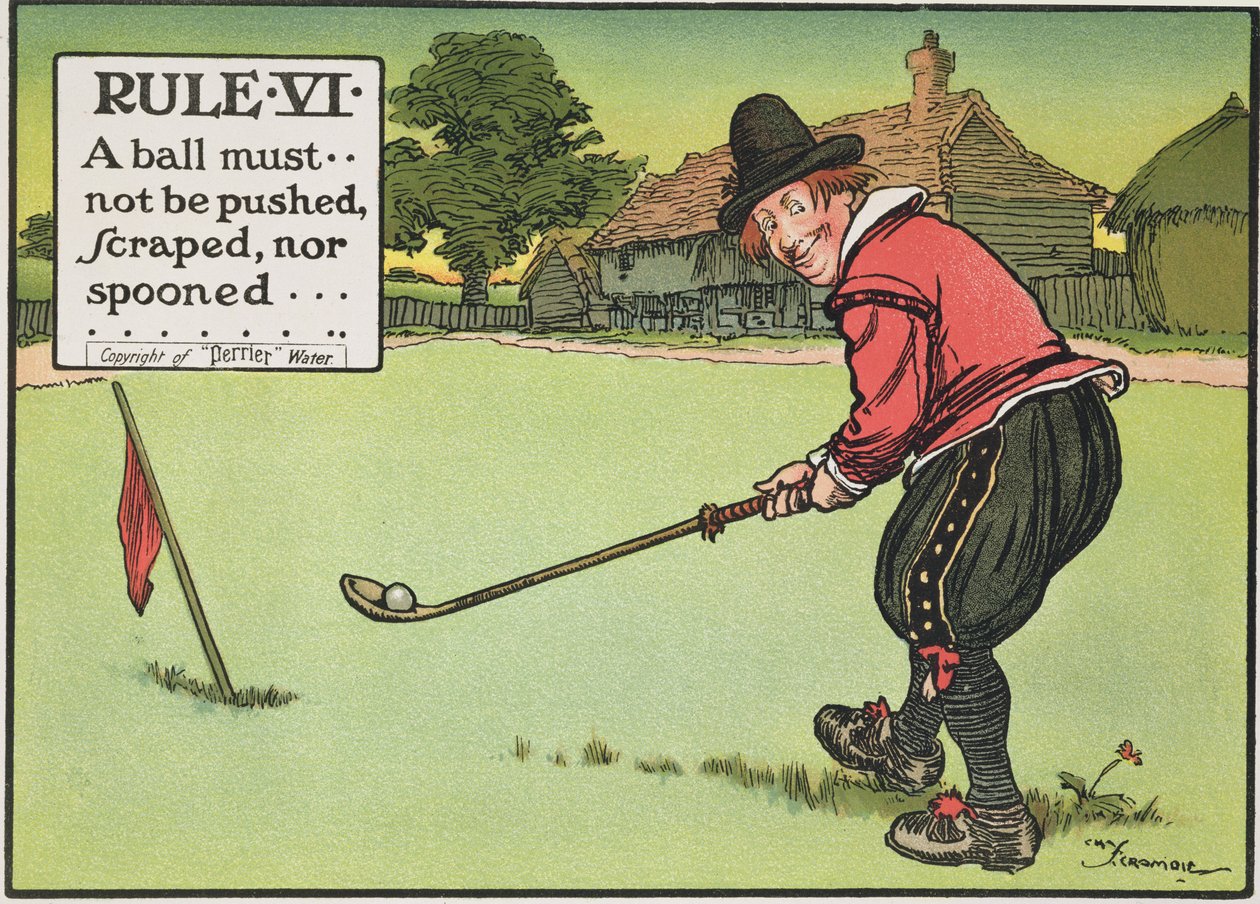 Regra VI: Uma bola não deve ser empurrada, raspada nem com colher, de "Regras de Golfe", publicada em 1905 de Charles Crombie