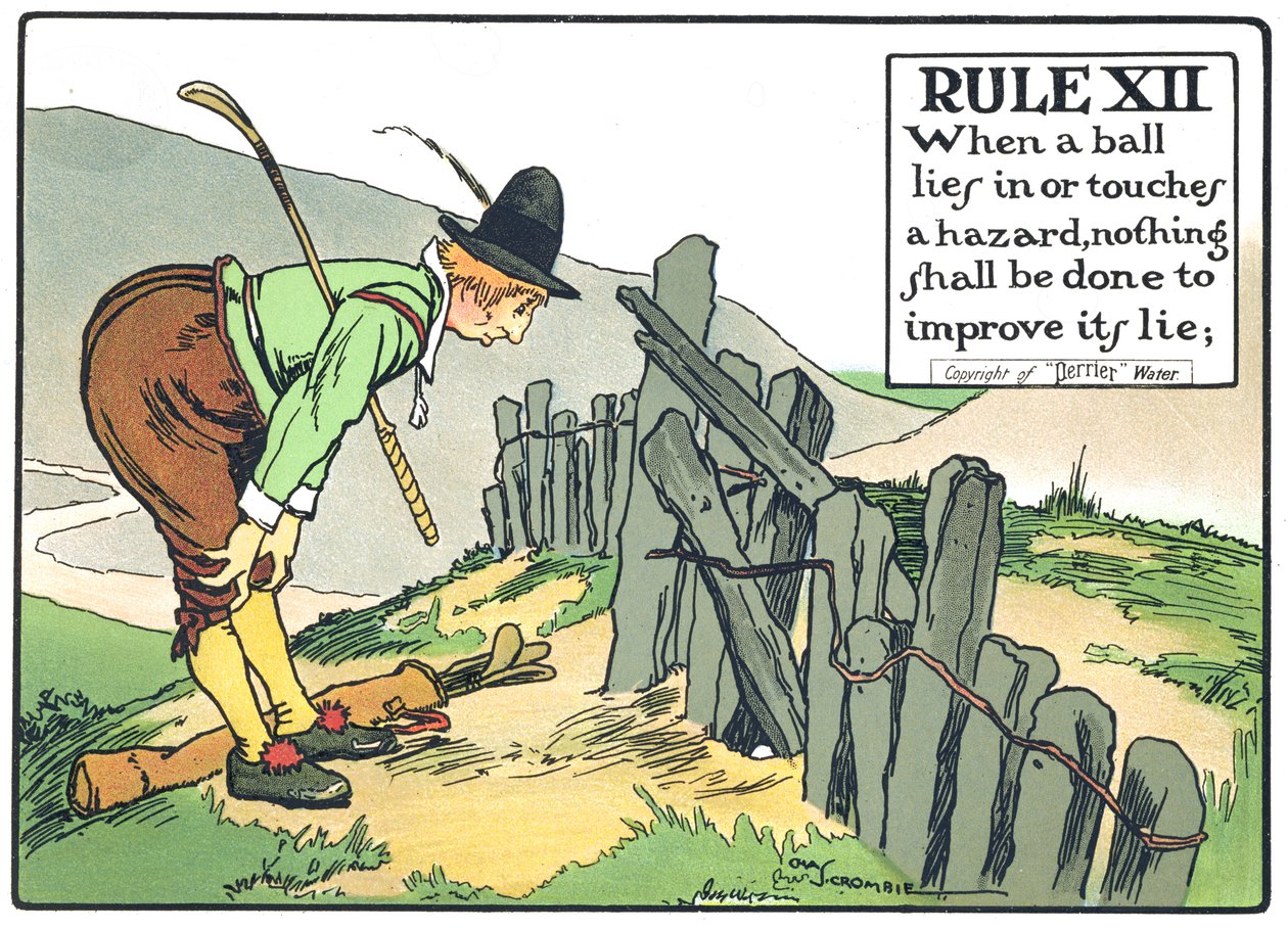 Regra XII: Quando uma bola está dentro ou toca um perigo, nada deve ser feito para melhorar sua mentira, de &39;Regras de Golfe&39;, publicado em c.1905. de Charles Crombie